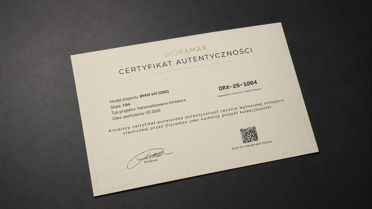 Certyfikat autentyczności Dioramax do personalizowanego modelu samochodu