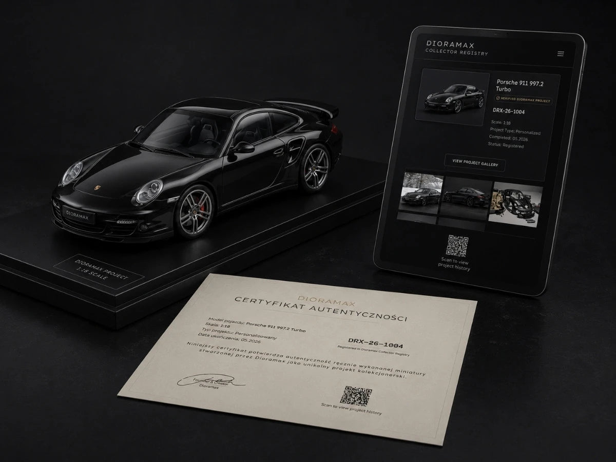 Model Dioramax z certyfikatem autentyczności i kartą projektu Collector Registry