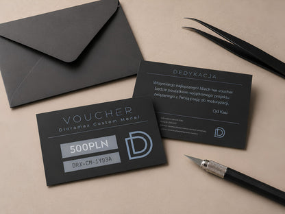 Elegancki voucher prezentowy Dioramax z dedykacją dla fana motoryzacji