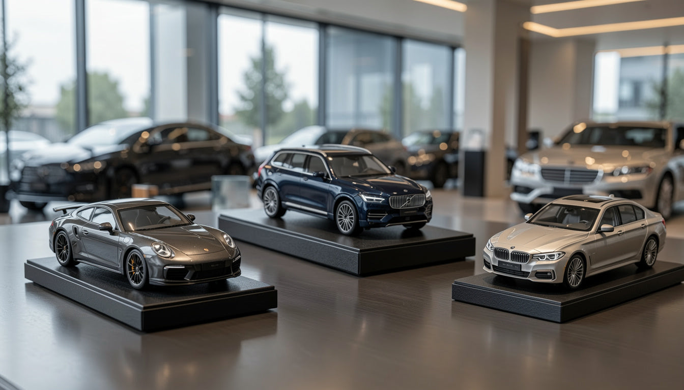 Wizualizacja kolekcji trzech modeli samochodów na podstawach w salonie dealerskim